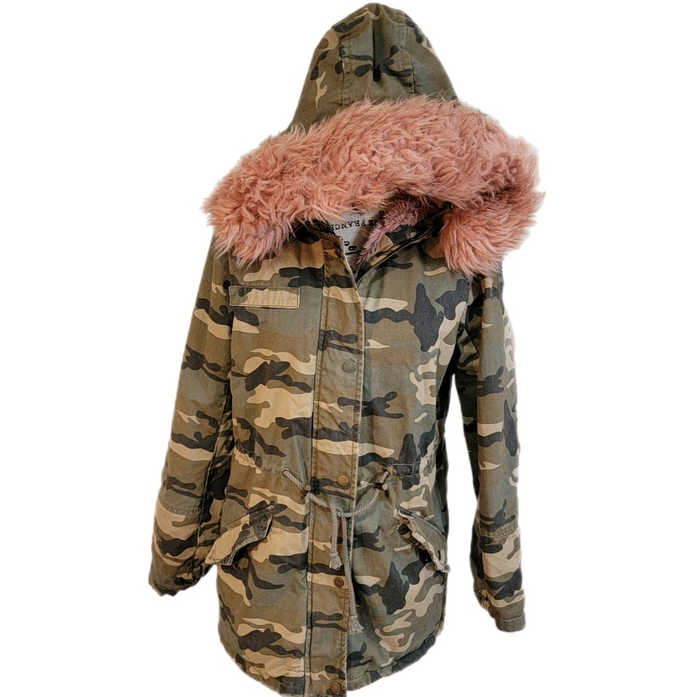 Ci Sono  Women's Camo Jacket  Size S Sherpa Quilted Lined Hooded Pink Faux Fur - Picture 2 of 14